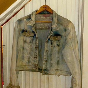 Harper distressed, cropped denim jacket with sequin detailing, size L